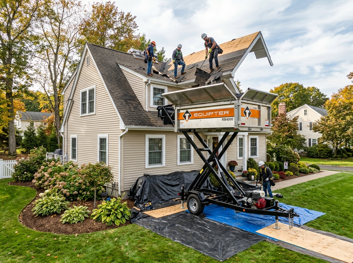 Equipter Roofers Buggy debris catcher protecting landscaping during roof tear-off
