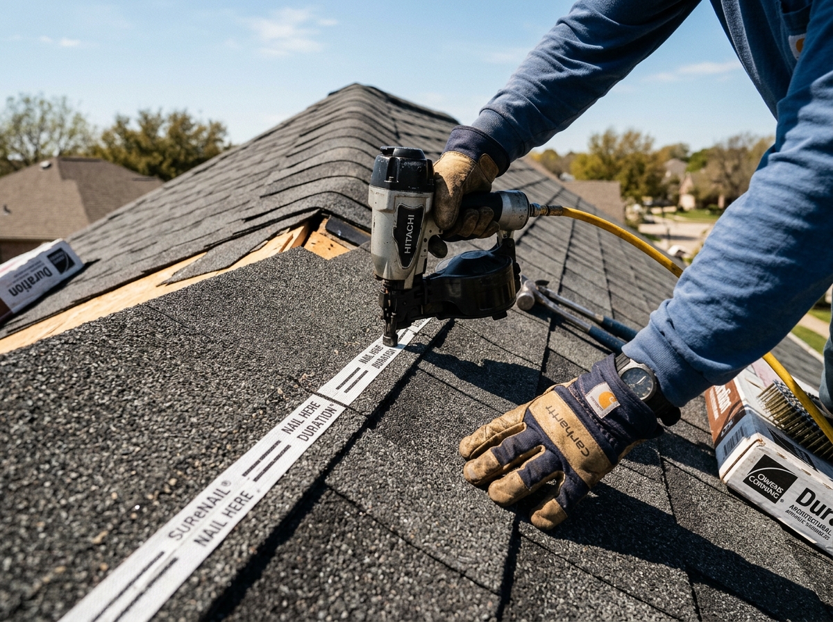 Owens Corning Duration architectural shingles with SureNail technology being installed