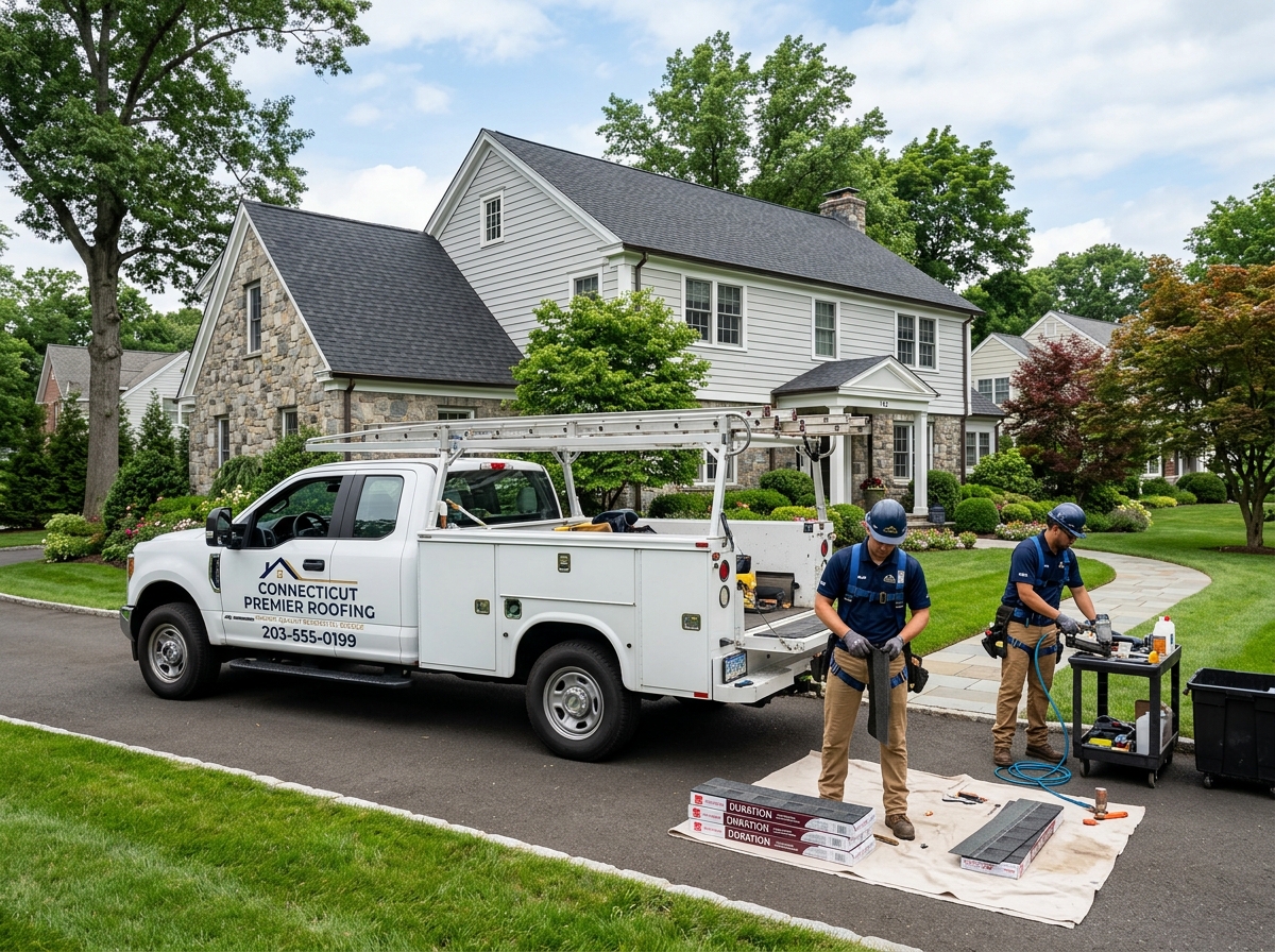 Kelley Roofing work truck and crew preparing materials in Connecticut